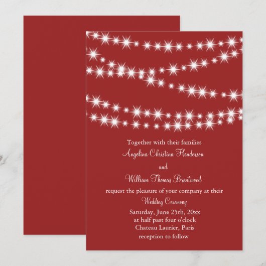 Twinkle Lights Wedding Invitation (rood) Kaart (Voorkant / Achterkant)