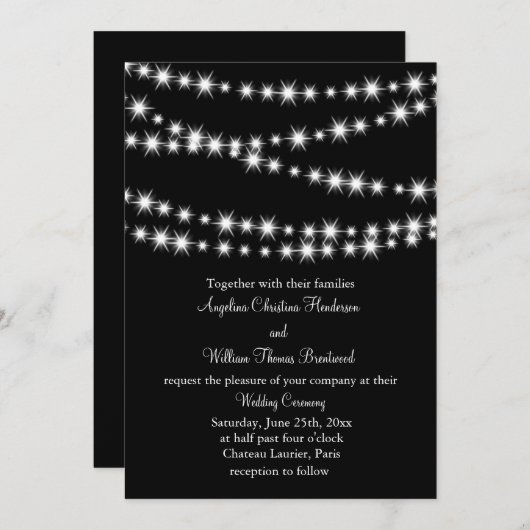 Twinkle Lights Wedding Invitation (zwart) Kaart (Voorkant / Achterkant)