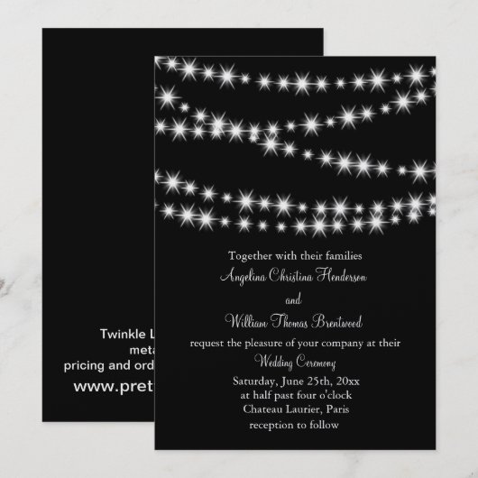 Twinkle Lights Wedding Invitation (zwart) Kaart (Voorkant / Achterkant)