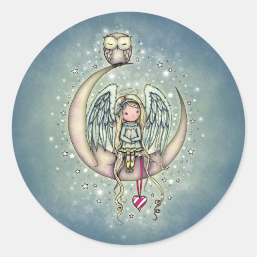 Twinkle Little Angel en Owl Illustrated Art Ronde Sticker (Voorkant)