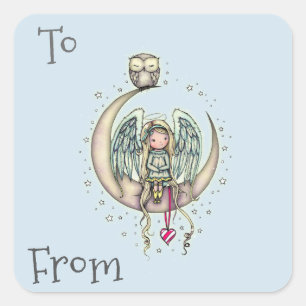 Twinkle Little Angel en Uil Geïllustreerde Kunst Vierkante Sticker