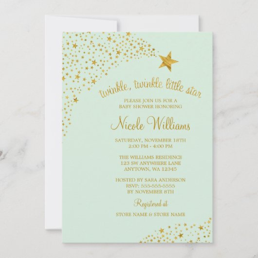 Twinkle Little Shooting Star Gold Mint Baby shower Kaart (Voorkant)