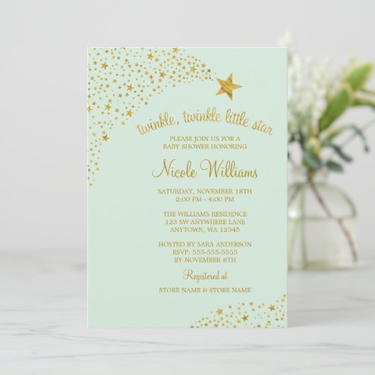 Twinkle Little Shooting Star Gold Mint Baby shower Kaart (Staand voorkant)