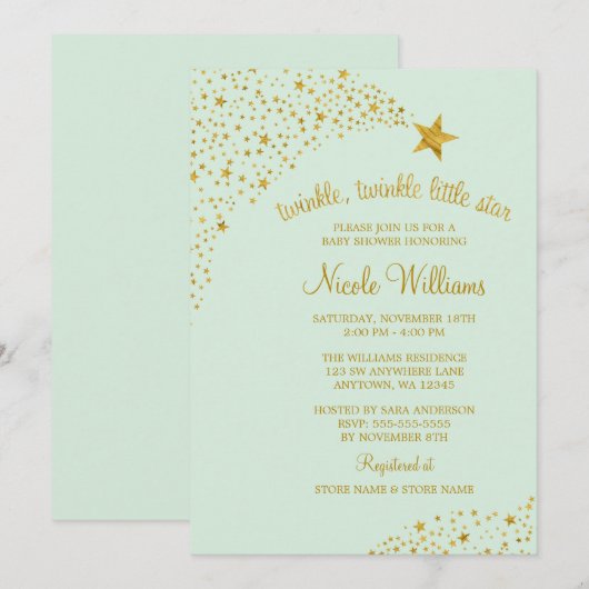 Twinkle Little Shooting Star Gold Mint Baby shower Kaart (Voorkant / Achterkant)