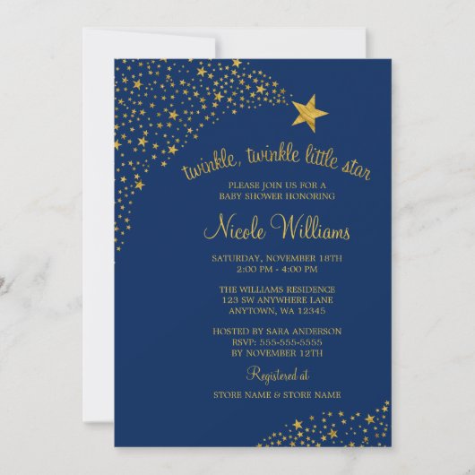 Twinkle Little Shooting Star Gold Navy Baby shower Kaart (Voorkant)