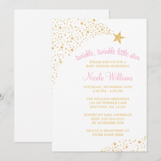 Twinkle Little Shooting Star Gold Pink Baby shower Kaart (Voorkant / Achterkant)