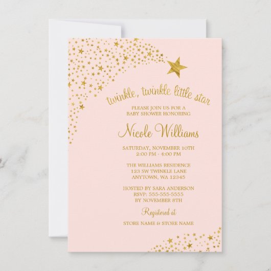 Twinkle Little Shooting Star Pink Gold Baby shower Kaart (Voorkant)