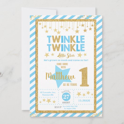 Twinkle Little Star 1st Birthday Invitation Boy Kaart (Voorkant)