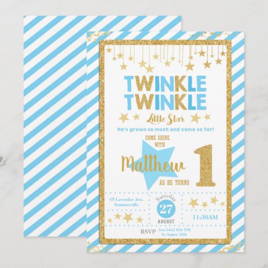 Twinkle Little Star 1st Birthday Invitation Boy Kaart (Voorkant / Achterkant)