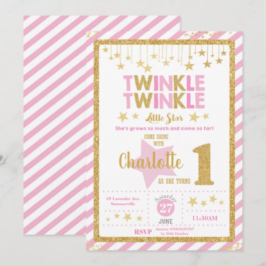 Twinkle Little Star 1st Birthday Invitation Girl Kaart (Voorkant / Achterkant)