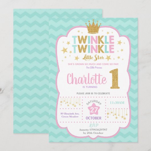 Twinkle Little Star 1st Birthday Invitation Girl Kaart (Voorkant / Achterkant)