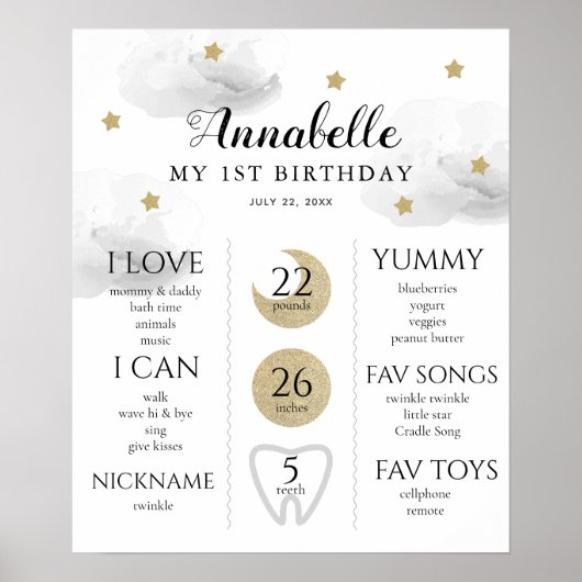 Twinkle Little Star 1st Birthday Milestone Grey Poster (Voorkant)