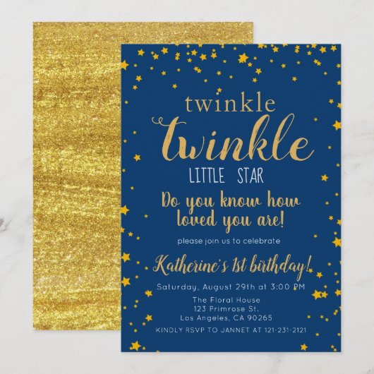 Twinkle Little Star Baby Blauw & Goud 1e verjaarda Kaart (Voorkant / Achterkant)
