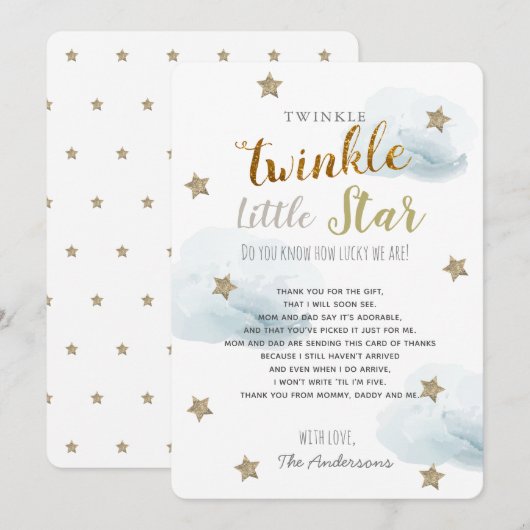 Twinkle Little Star Baby shower Blauw Dank u Kaart (Voorkant / Achterkant)