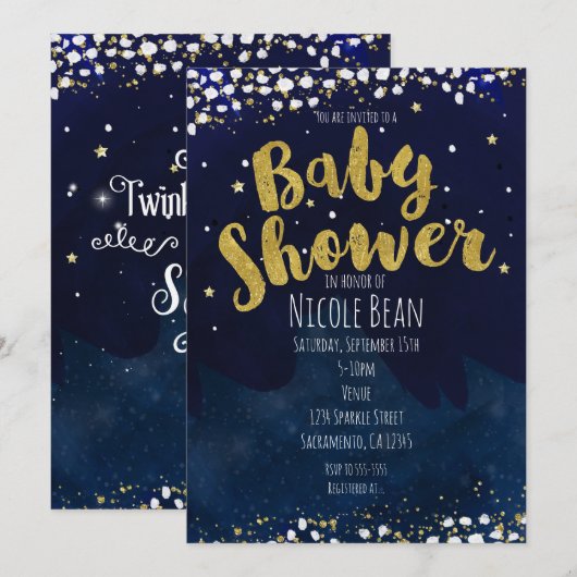 Twinkle Little Star Baby shower Blauw Goud Sterren Kaart (Voorkant / Achterkant)