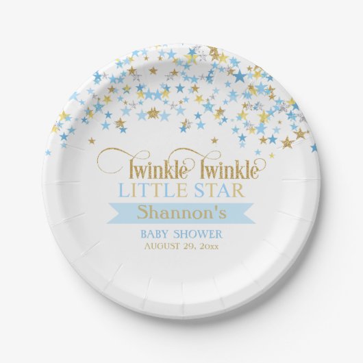 Twinkle Little Star Baby shower Blue Gold Papieren Bordje (Voorkant)