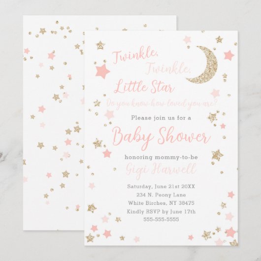 Twinkle Little Star Baby shower Girl Kaart (Voorkant / Achterkant)