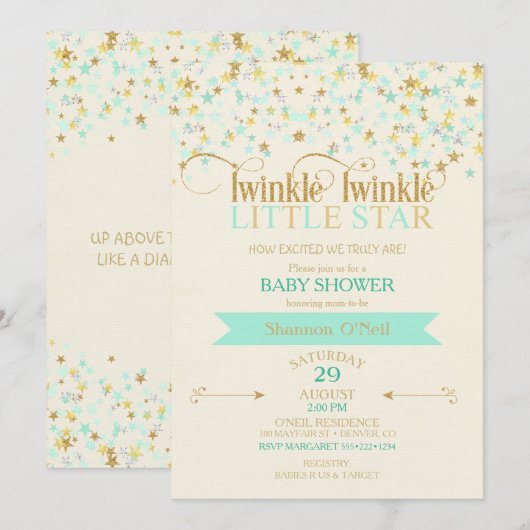 Twinkle Little Star Baby shower Gold & Mint Kaart (Voorkant / Achterkant)