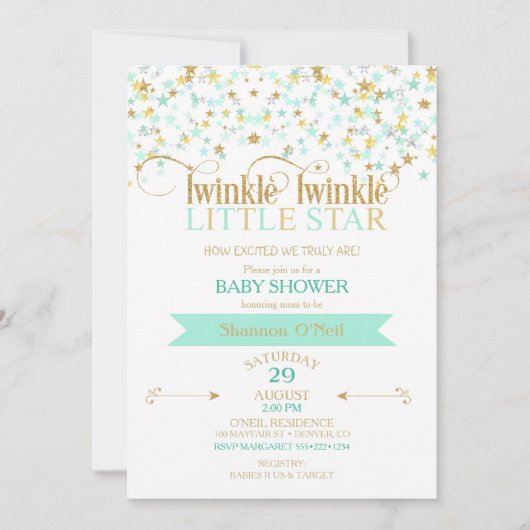Twinkle Little Star Baby shower Gold & Mint Kaart (Voorkant)