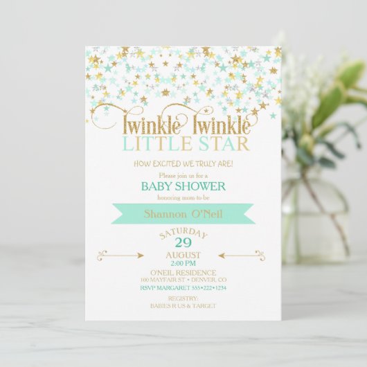 Twinkle Little Star Baby shower Gold & Mint Kaart (Staand voorkant)