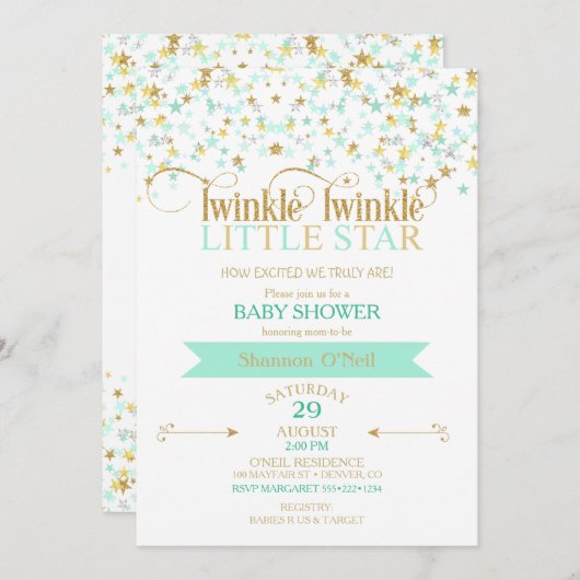 Twinkle Little Star Baby shower Gold & Mint Kaart (Voorkant / Achterkant)