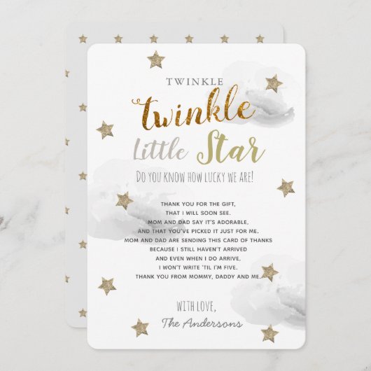 Twinkle Little Star Baby shower Grey Dank u Kaart (Voorkant / Achterkant)