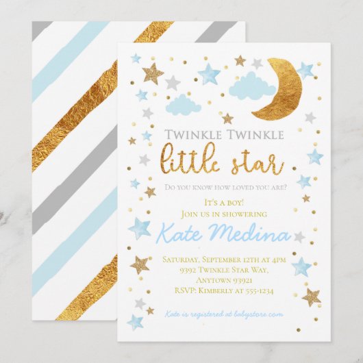 Twinkle Little Star Baby shower Invitation Boy Blu Kaart (Voorkant / Achterkant)
