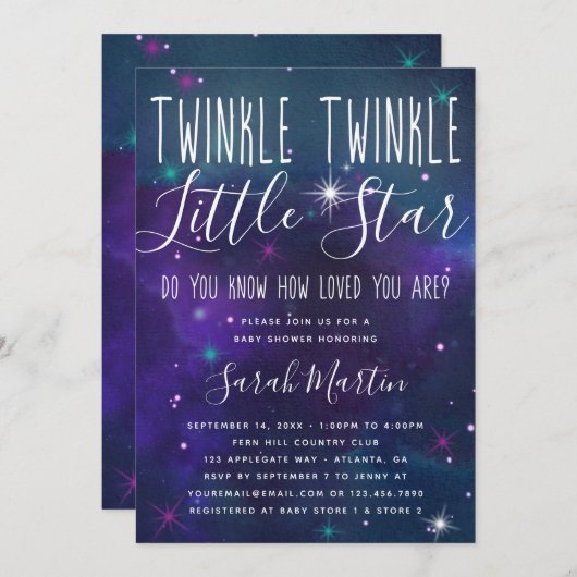 Twinkle Little Star Baby shower Invitation, Galaxy Kaart (Voorkant / Achterkant)