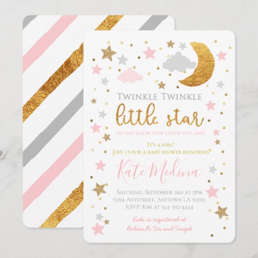 Twinkle Little Star Baby shower Invitation Girl Kaart (Voorkant / Achterkant)