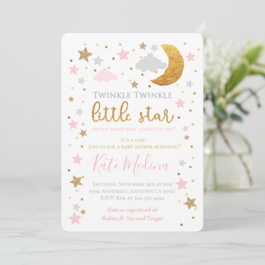 Twinkle Little Star Baby shower Invitation Girl Kaart (Staand voorkant)