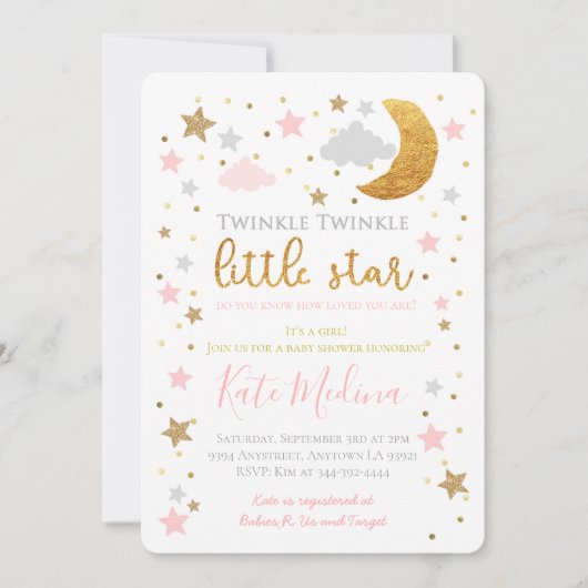 Twinkle Little Star Baby shower Invitation Girl Kaart (Voorkant)