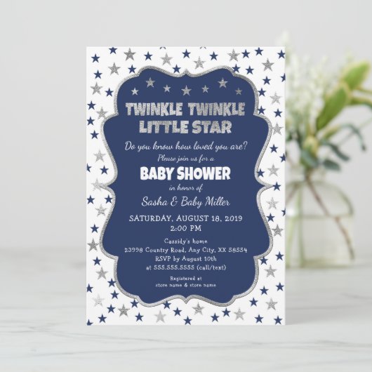 Twinkle Little Star Baby shower navy Silver Kaart (Staand voorkant)