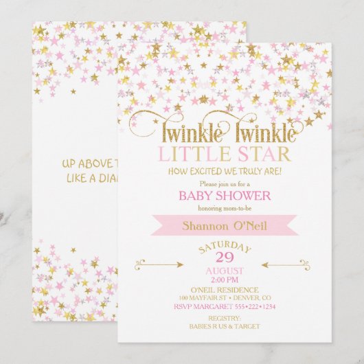 Twinkle Little Star Baby shower Pink Gold Kaart (Voorkant / Achterkant)