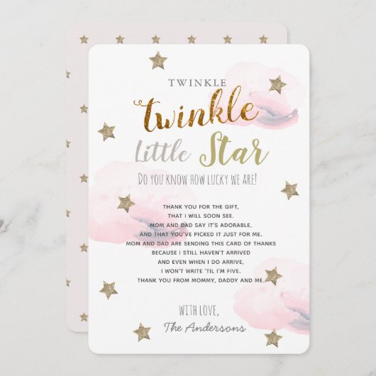 Twinkle Little Star Baby shower Roze Dank u Kaart (Voorkant / Achterkant)