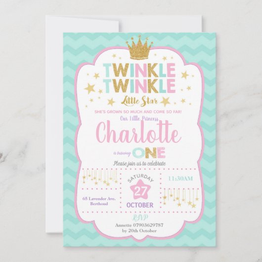 Twinkle Little Star Birthday Invitation Girl Kaart (Voorkant)