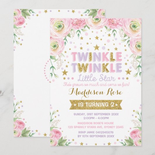 Twinkle Little Star Birthday Noite Pink Floral Kaart (Voorkant / Achterkant)