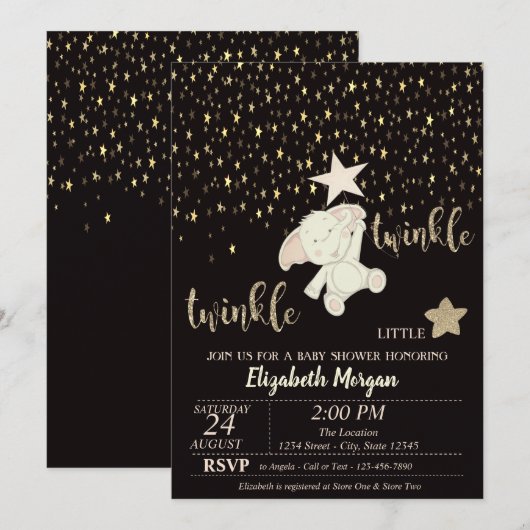 Twinkle Little Star Black, Gold, Beer Baby shower Kaart (Voorkant / Achterkant)