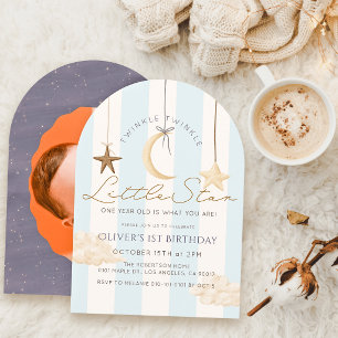 Twinkle Little Star Blauwe Streep Foto 1e Verjaard Kaart