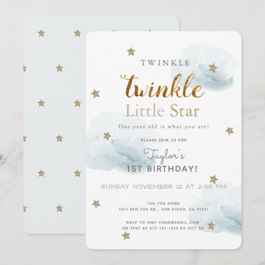 Twinkle Little Star Blue 1st Birthday Invitation Kaart (Voorkant / Achterkant)