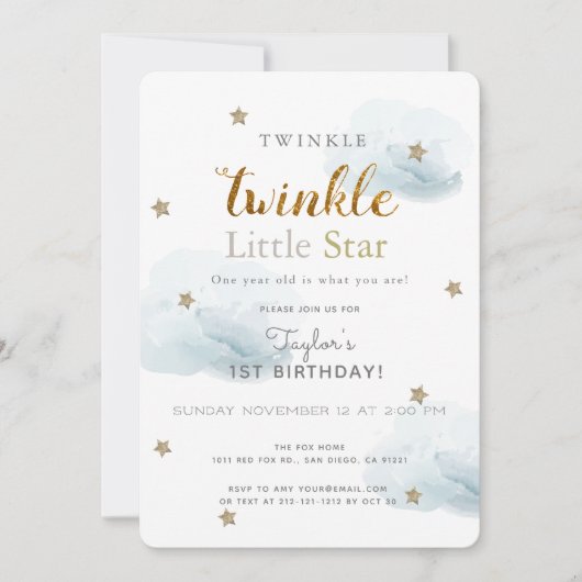 Twinkle Little Star Blue 1st Birthday Invitation Kaart (Voorkant)