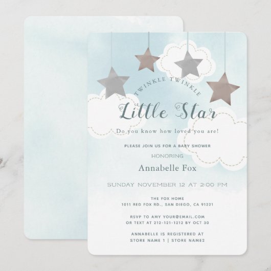 Twinkle Little Star Blue Baby shower Invitation Kaart (Voorkant / Achterkant)