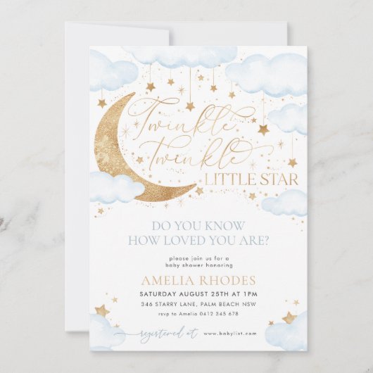 Twinkle Little Star Blue Baby shower Invitation Kaart (Voorkant)