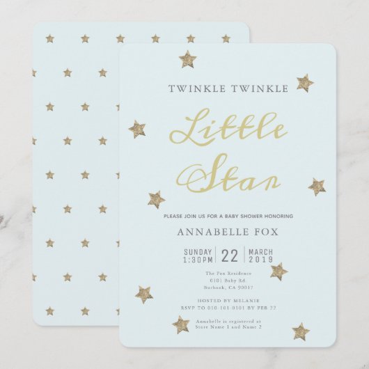 Twinkle Little Star Blue Baby shower Invitation Kaart (Voorkant / Achterkant)