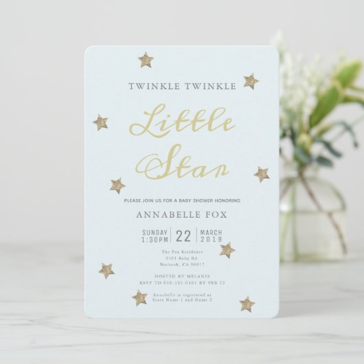 Twinkle Little Star Blue Baby shower Invitation Kaart (Staand voorkant)