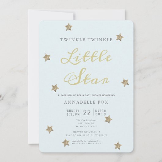 Twinkle Little Star Blue Baby shower Invitation Kaart (Voorkant)