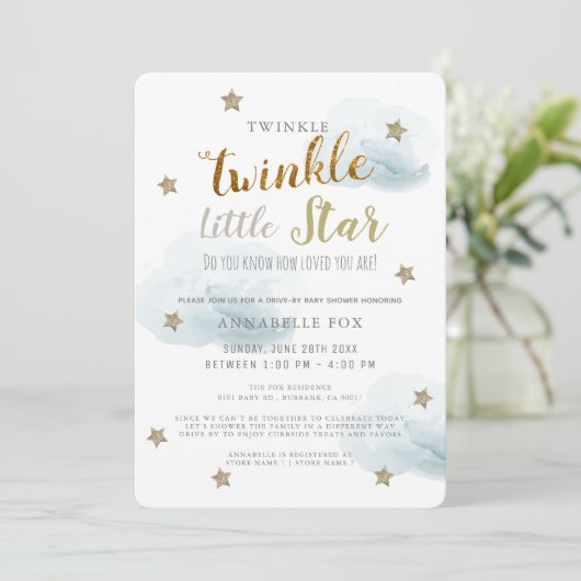Twinkle Little Star Blue Boy Drive-by Baby shower Kaart (Staand voorkant)
