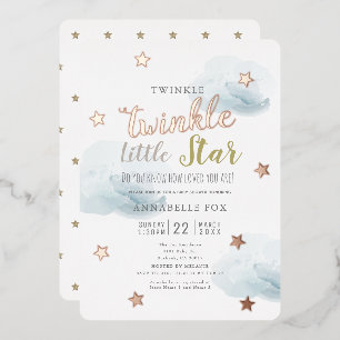 Twinkle Little Star Blue Clouds Baby shower Folie Uitnodiging