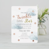 Twinkle Little Star Blue Clouds Baby shower Folie Uitnodiging (Staand Voorkant)