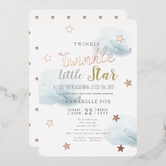 Twinkle Little Star Blue Clouds Baby shower Folie Uitnodiging (Voorkant / Achterkant)