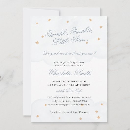 Twinkle Little Star Blue Cute Elegant Baby shower Kaart (Voorkant)